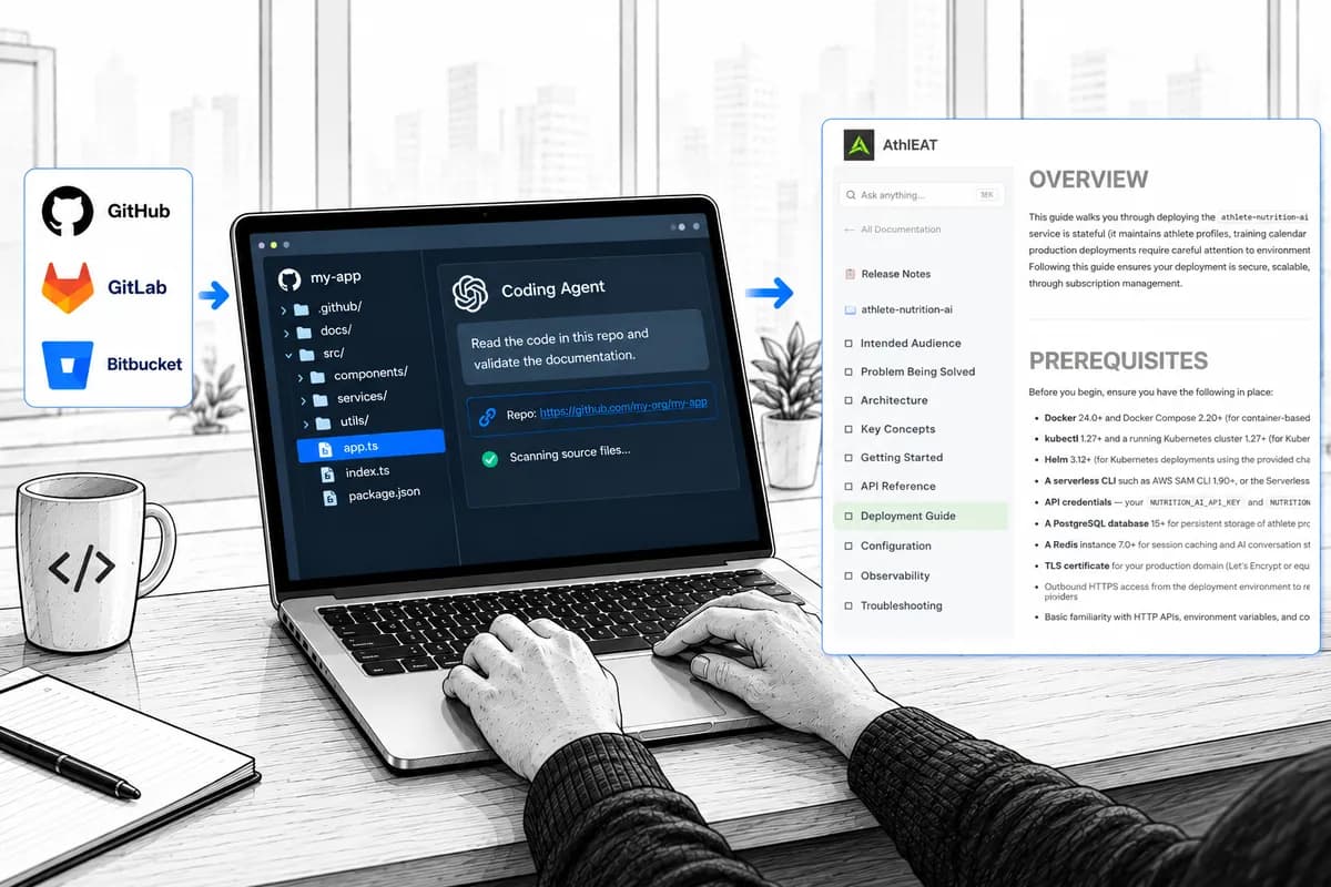 A developer's coding agent reads a GitHub, GitLab or Bitbucket repository and validates it against the product's published documentation