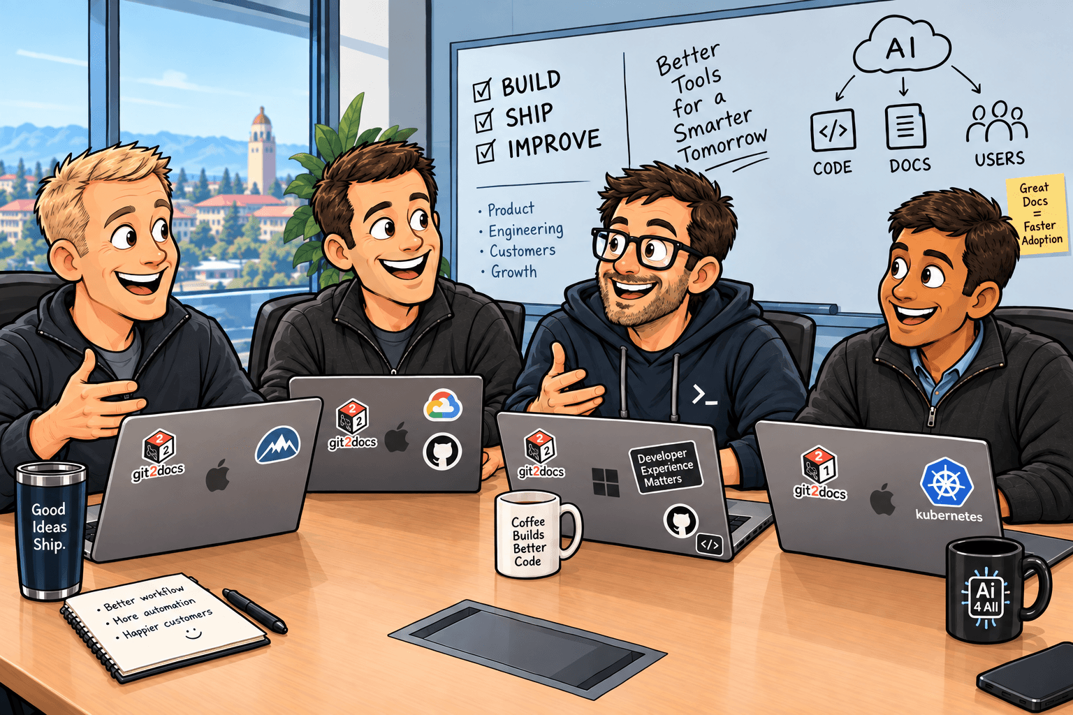 Illustration of four Git2Docs team members around a conference table with laptops, in front of a whiteboard reading Build, Ship, Improve and a diagram connecting AI to code, docs and users.