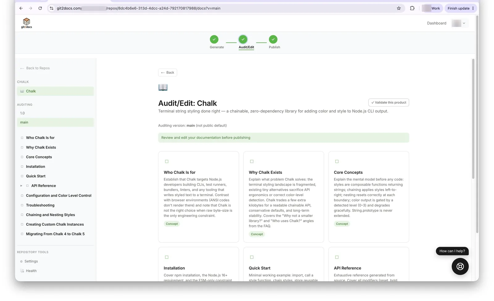 The regenerated docs open in the Audit/Edit view