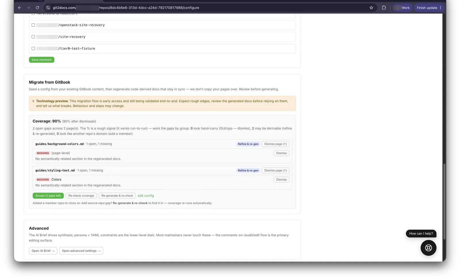 The coverage report showing overall coverage and per-page gaps with suggested actions