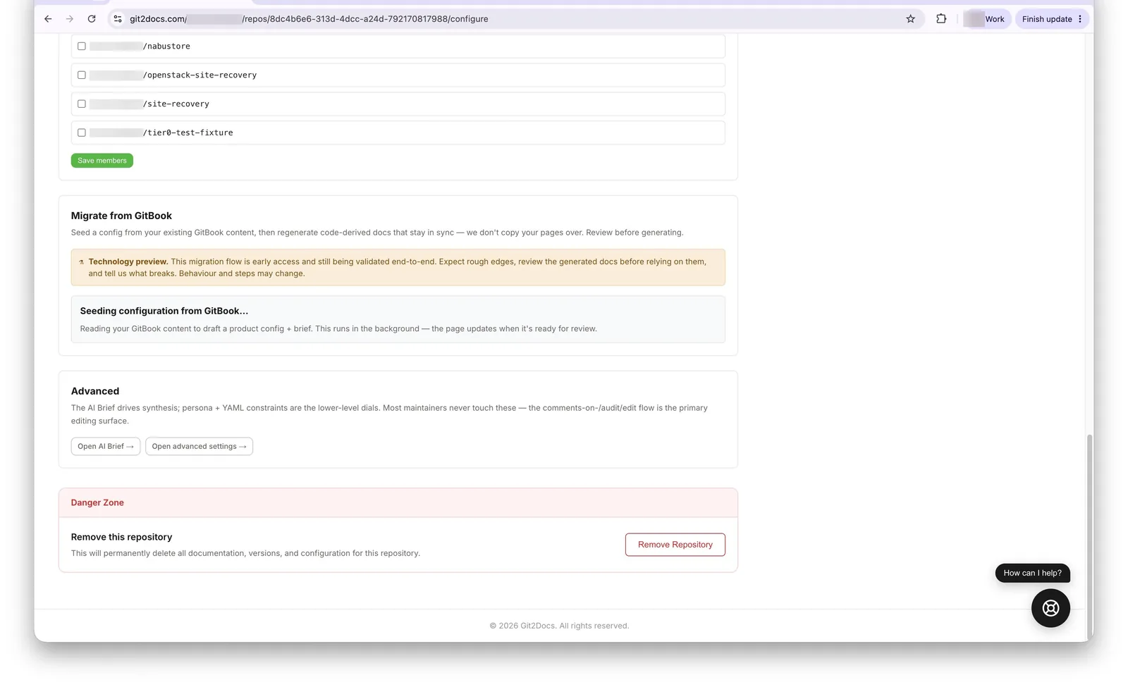 Git2Docs seeding a config and brief from the GitBook content
