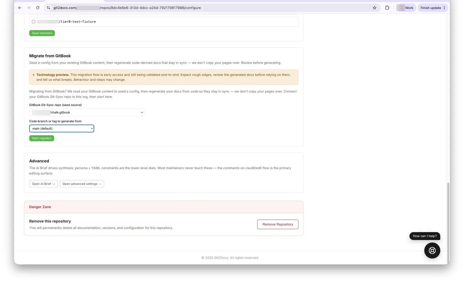 The Migrate from GitBook panel with the seed-repo picker and code-branch dropdown