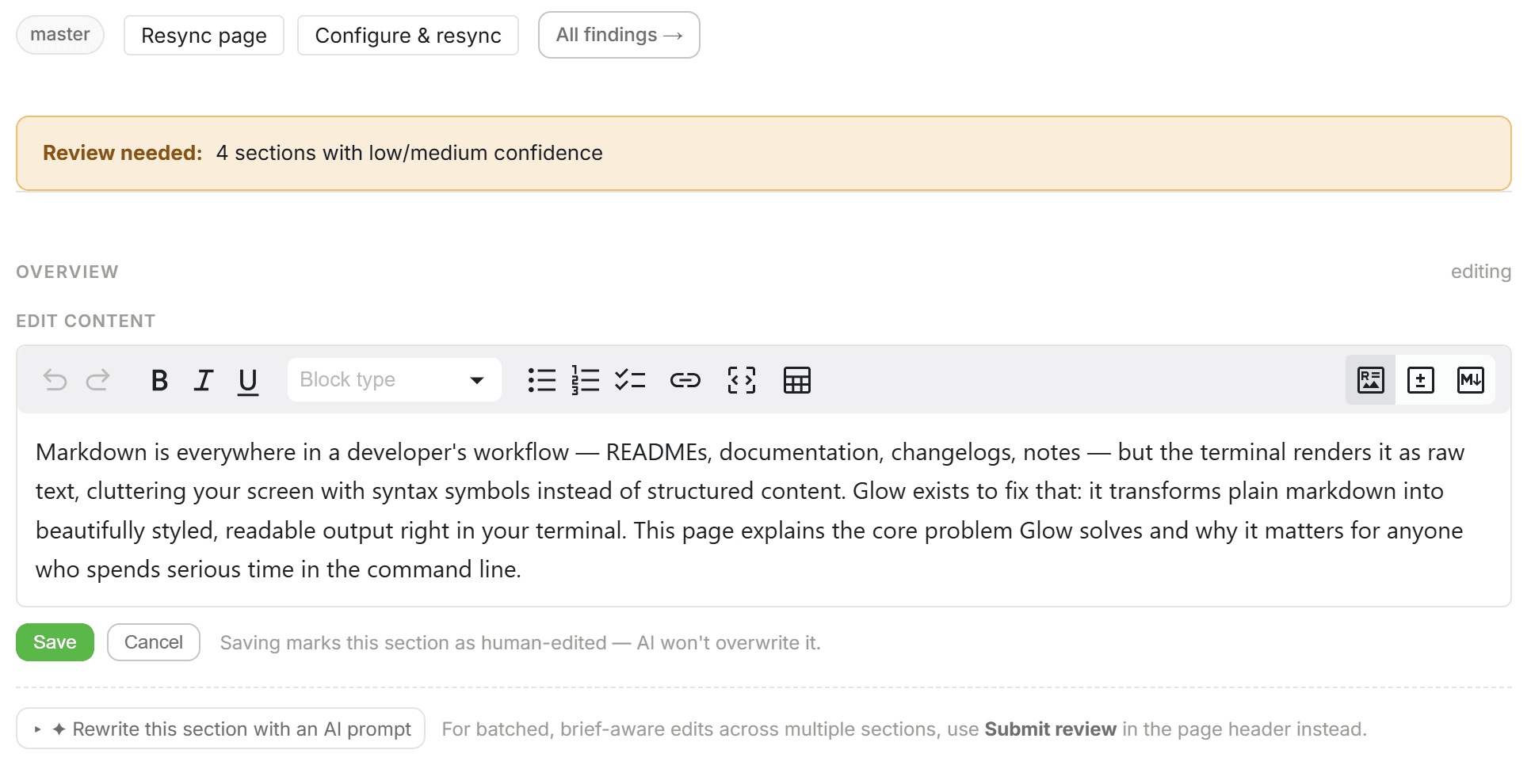 The Git2Docs section editor. A review banner reads four sections with low or medium confidence. A rich-text toolbar offers undo, bold, italic, underline, a block-type menu, bullet, numbered and task lists, links, code, tables, image, and markdown views above an editable paragraph. Below: Save and Cancel, a note that saving marks the section as human-edited so AI will not overwrite it, and an option to rewrite the section with an AI prompt.