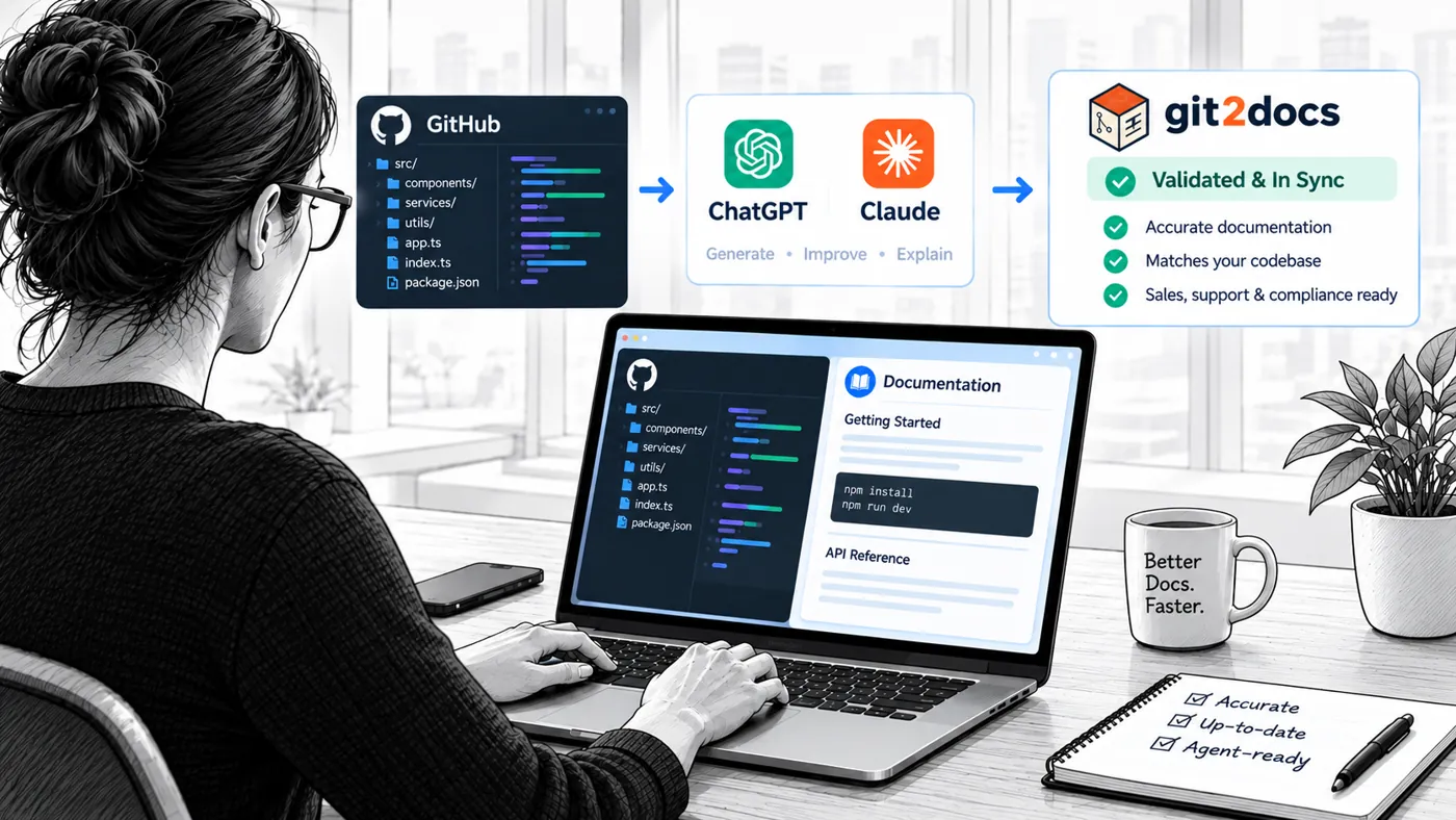 A developer's repository flows through ChatGPT or Claude into Git2Docs, which marks the documentation validated, in sync and ready for sales, support and compliance
